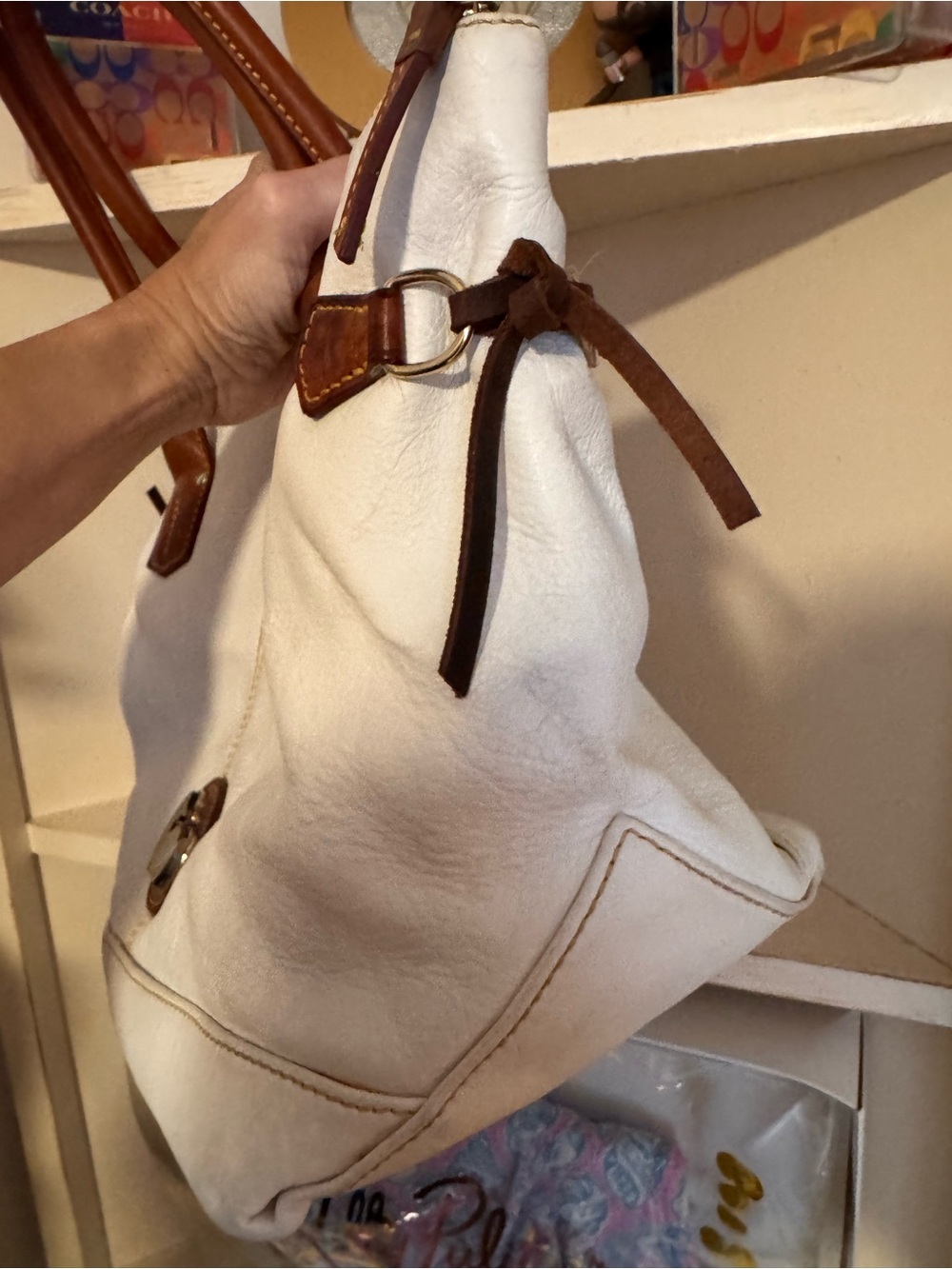 Dooney & Bourke White Leather Tote with Brown Trim and Handles - Picture 8 of 16